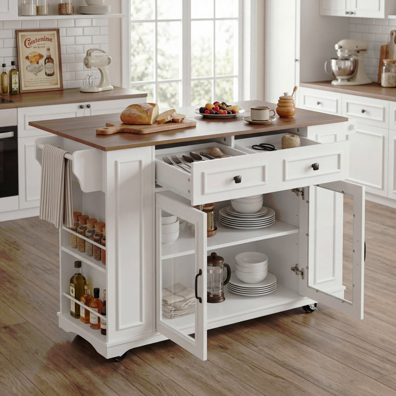54" Mobile Kitchen Island with Glass Door Storage, Power Outlet & Open Shelves, Rolling Kitchen Cart with Towel Rack, Spice Rack & Knife Holder, Functional Kitchen Prep Table for Kitchen, Dining