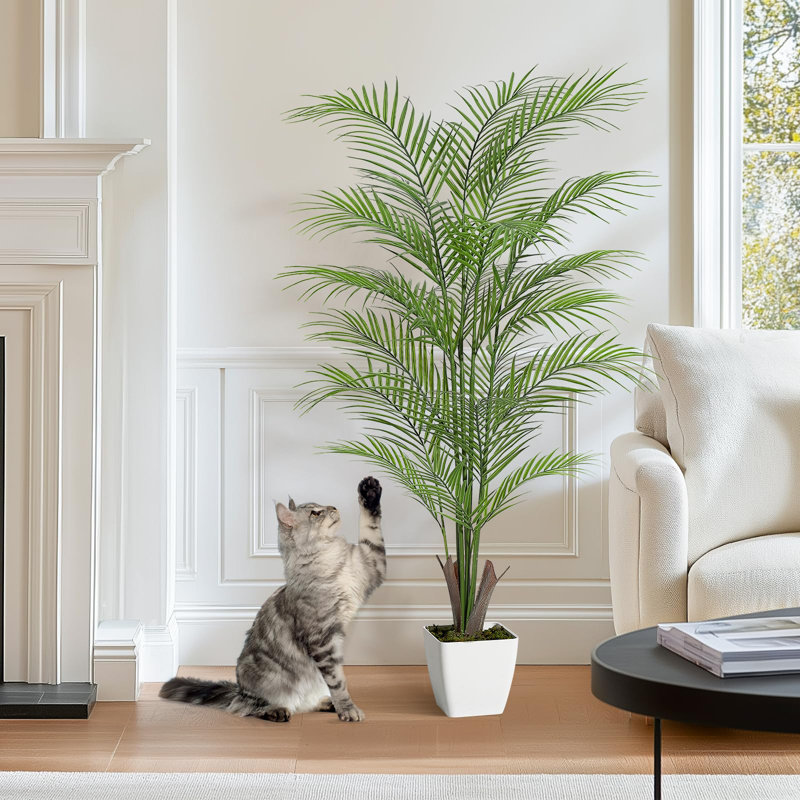 Artificial Areca Palm Tree In Pot - Fake Tropical Silk Plant with Tall White Planter - Faux Indoor Floor Decor for Home, Living Room, Office