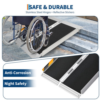 Rampe portative pour fauteuil roulant, rampe pliante en aluminium pour les marches et les portes, 600 lb, antidérapante, hauteur réglable, intérieur / extérieur, 3 pi avec gants, noir