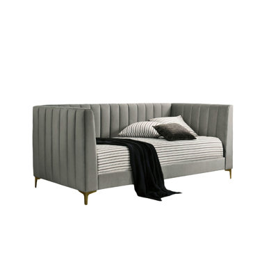 Contemporary Style Tuxedo Inspired Seating Daybed Attached Gold Metal Legs Channel Tufting Light Gray Finish
