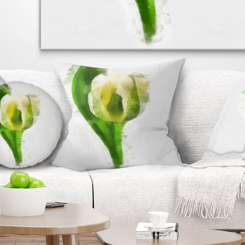 Tulipe blanche avec feuilles vertes - coussin à imprimé floral, 16 po x 1 po, Coussin décoratif