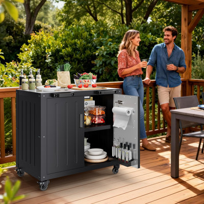 Stainless Steel Outdoor Grill Cart with Storage Cabinet – BBQ Prep Station, Cooking Table for Kitchen, Lawn & Garden