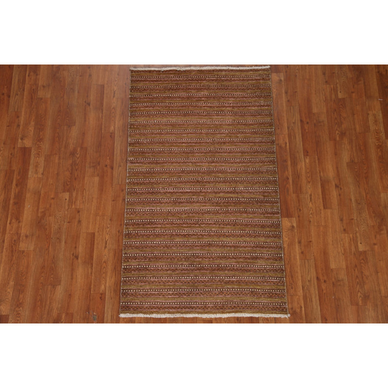 Tapis brun rayé en laine noué à la main 2 pi 11 po x 5 pi 1 po