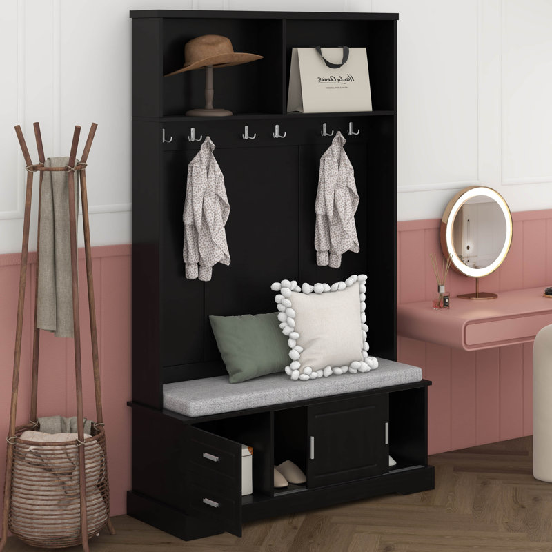 78.7" Hall Tree With Sliding Doors, Versatile Coat Rack With 6 Silvery Hooks & Handles, Bench Cabinet W/Shoe Storage, Black