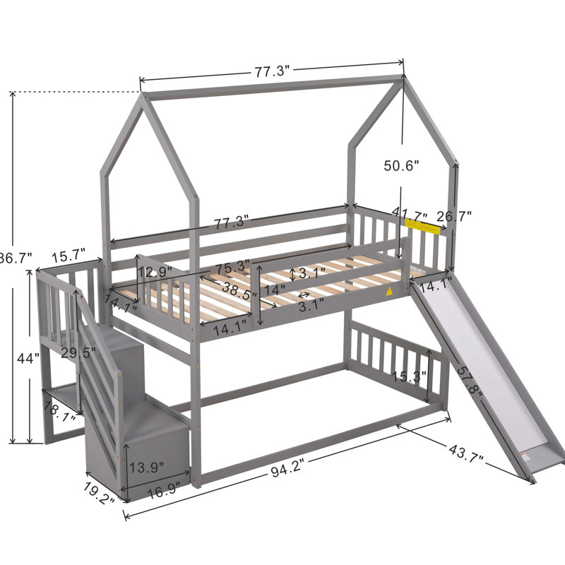 Gray Twin Over Bunk Bed With Space Slide And Storage Feature Modern Twin/Twin Convertible & - Touch, Gray