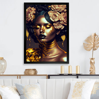 Gold And Black Floral Woman IV - Woman African American Wall Art