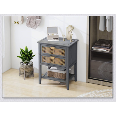 Table d'appoint à 2 tiroirs, rotin naturel, table de bout, convient à la chambre à coucher, au salon et au bureau