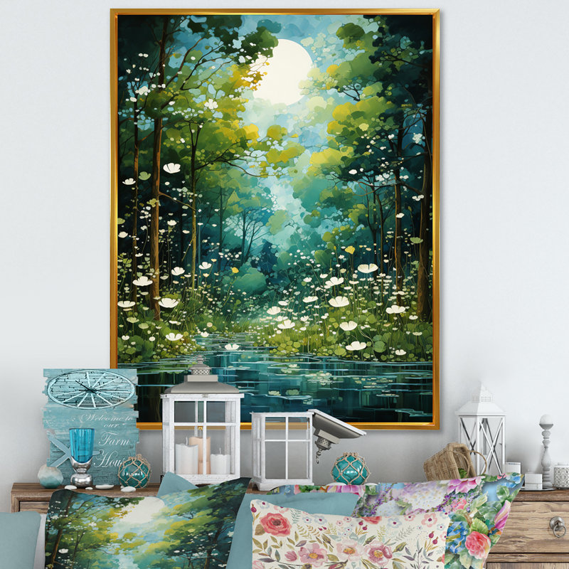Toile Bold Forest Emerald IV - Paysage et nature, art mural, Cadre flottant doré, H 32 po x l 16 po x P 1 po