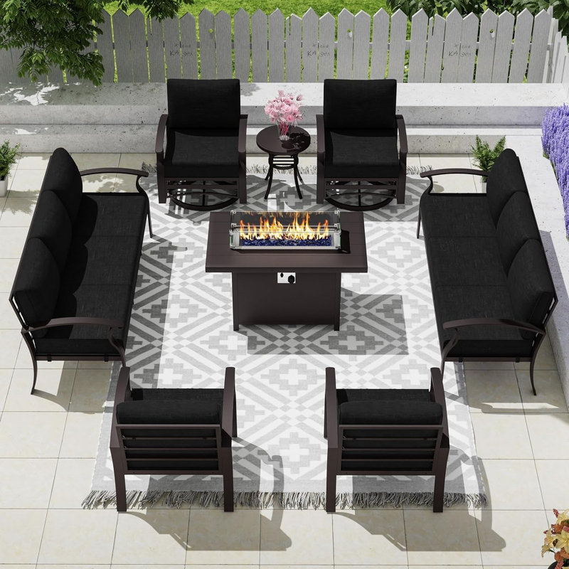 Ilonka 10-Person Outdoor Patio  Furniture Aluminum Conversation Set Swivel&Glider Armchair With LP Fire Pit Table, Black