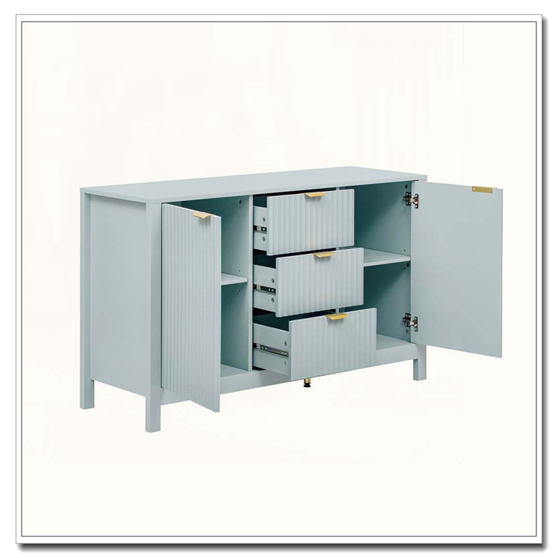 Wave-Design Sideboard with Adjustable Shelves, Drawers, and Soft-Close Doors, Cyan