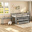 Lit mezzanine multifonctionnel en pin massif avec 4 tiroirs de rangement, bureau latéral rétractable et tablettes latérales ouvertes, barrières de sécurité complètes, livré en 2 paquets Assemblage facile-351869603-344880725