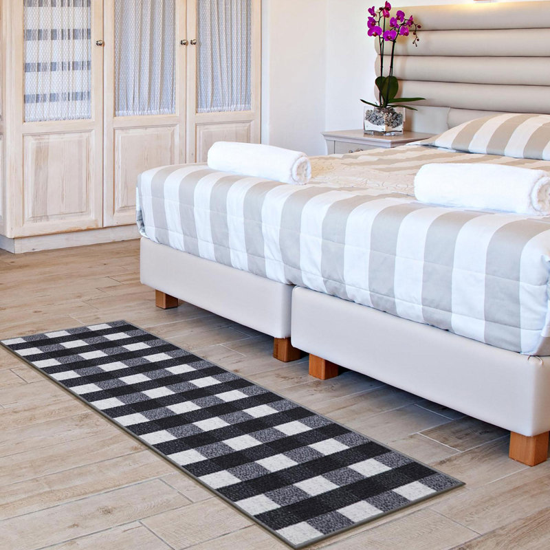Black and White Checkered Synthetic Runner Rug 2'7" x 9'10"