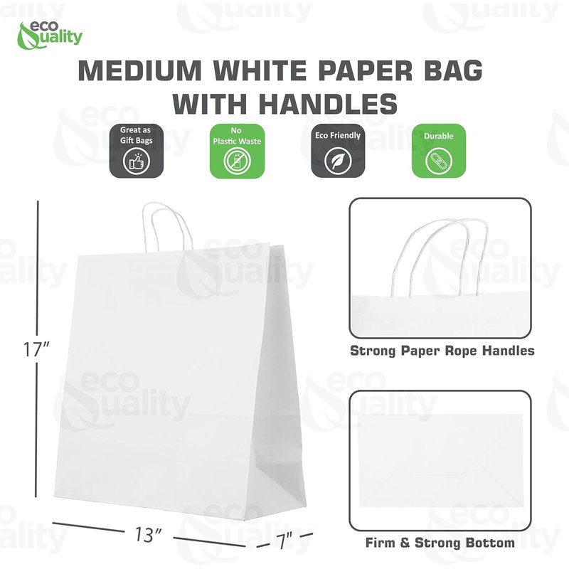 Grands sacs en papier kraft blanc avec poignées 13 x 7 x 17 po Ecoqualité - pour le magasinage, l'épicerie et les cadeaux (200)