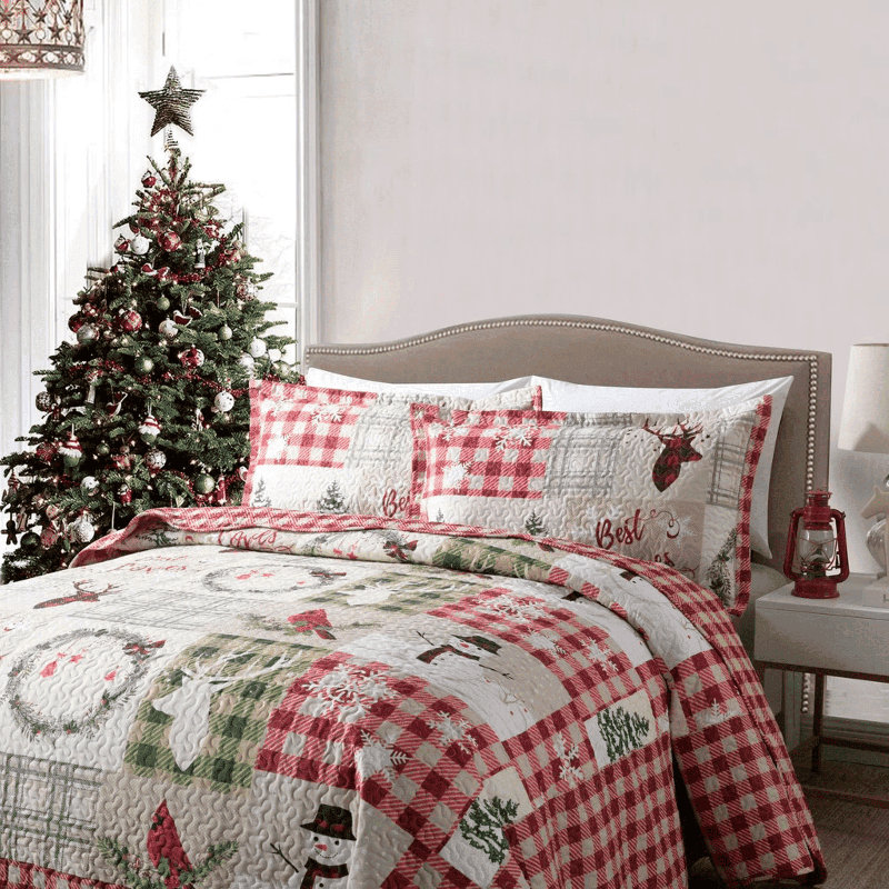 Festive Red and White Reversible Queen Microfiber Quilt Set
