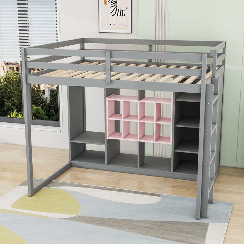 Lit mezzanine avec garde-robe, tablettes et armoire, Gris / rose, Complète