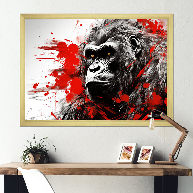 «Red Gorilla Graffiti I» sur toile, Cadre doré simple, H 34 po x l 44 po x P 1,5 po
