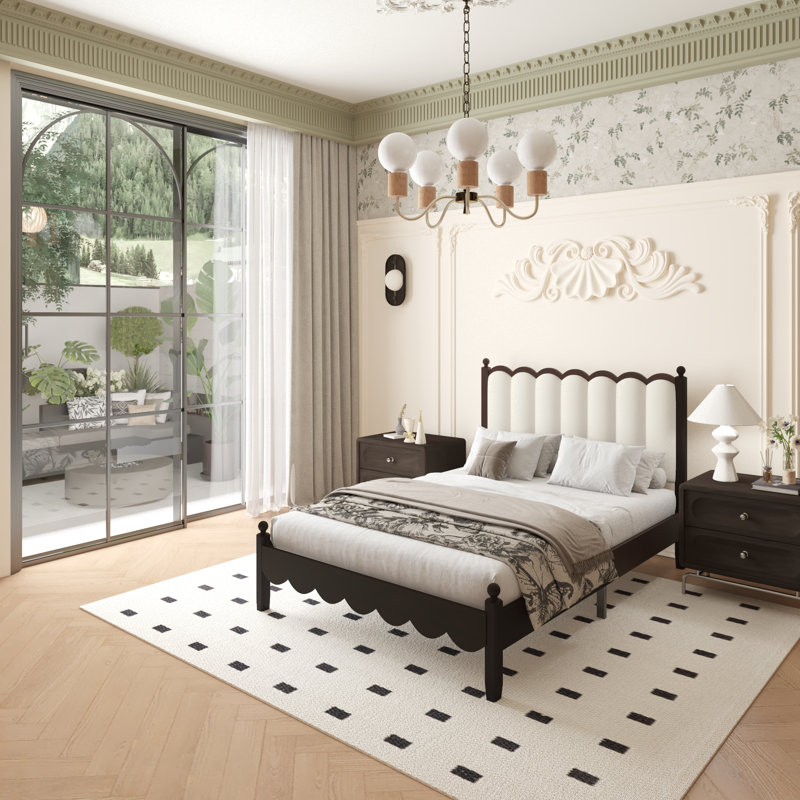 Base de lit plateforme en bois massif de style rétro Ines avec tête de lit tapissier en cuir végétalien, Blanc, Double
