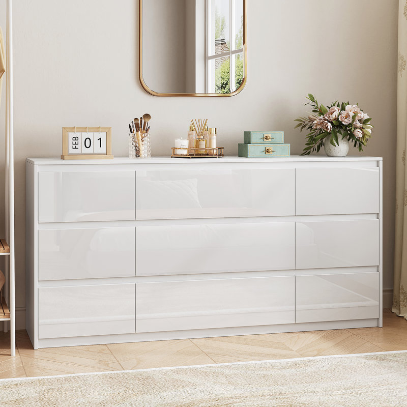60'' White Dresser for Bedroom, Modern High Gloss 9 Drawer Dresser for Living Room, Hallway
