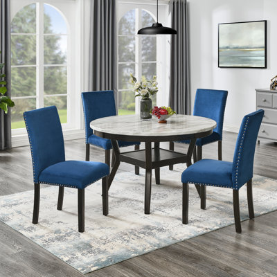 Winston Porter 5-Piece Triss Dining Set - Round Faux Marble Table with 4 Velvet Parsons Chairs
