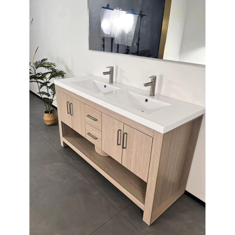 Lavabo de salle de bain 60 po en acrylique blanc d'une seule pièce, style encastré, usé et rayé, robinet standard pré-percé, trou de débordement de 60 po, protection, entretien sans effort
