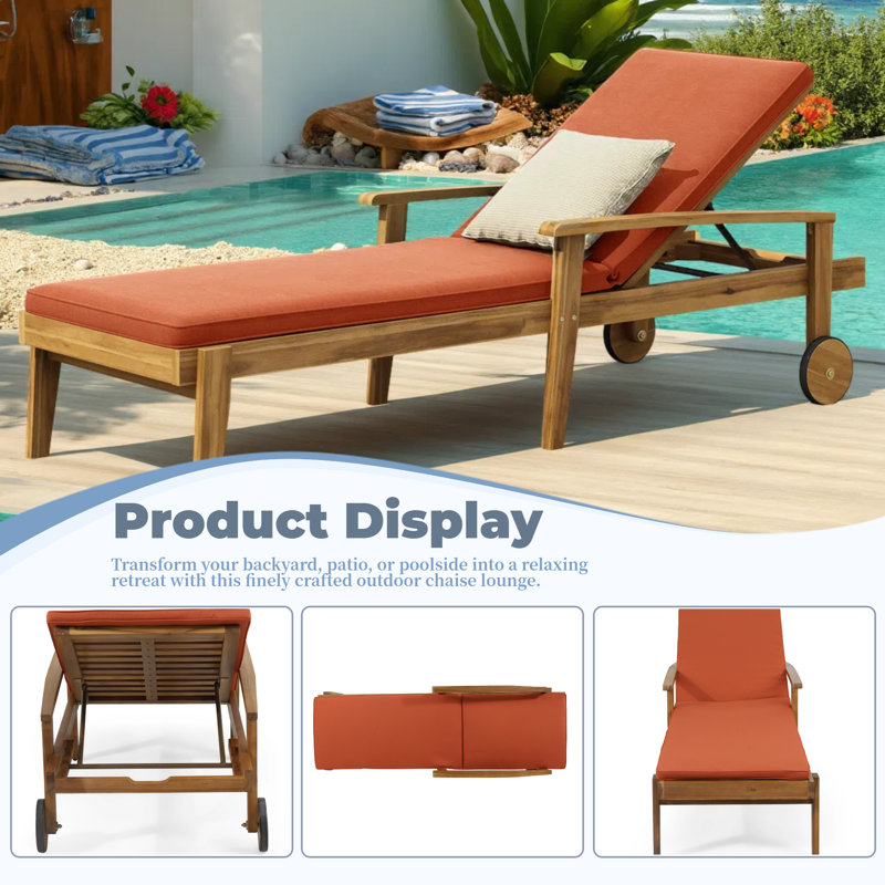 Outdoor Chaise Lounge, Adjustable Acacia Wood Patio Recliner with Water-Resistant Cushion, Orange