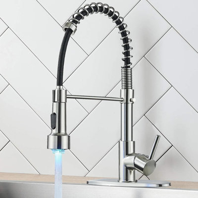 Brushed Nickel  Kitchen Faucets with Pull Down Sprayer Brushed Nickel LED Light Single Handle 1 or 3 Holes Spring Kitchen Sink Faucet with Deck Plate for Farmhouse RV Vessel Basin