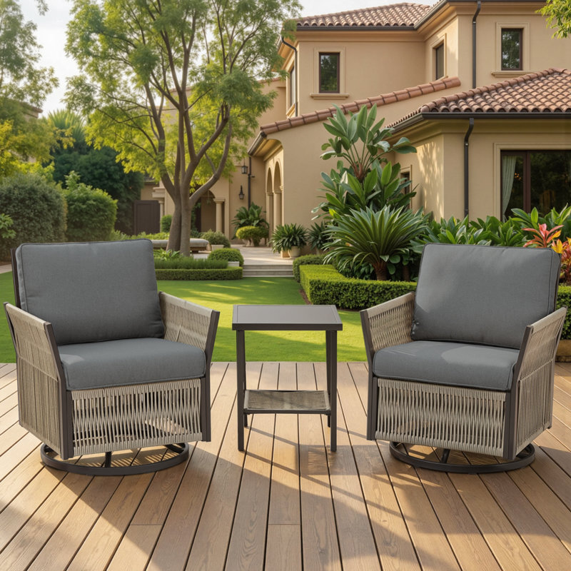 3 Piece Outdoor Wicker Rope Woven Swivel Chair Set with Side Table, Gray