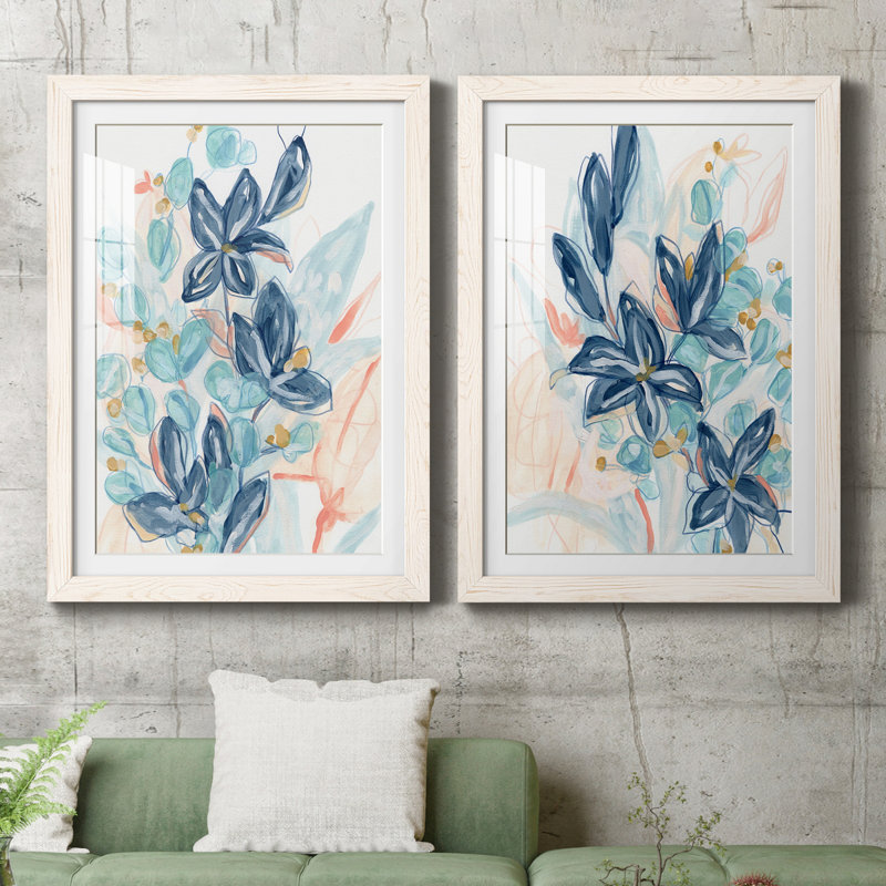 «Blooming Blues I», ensemble de 2 reproductions d'art, Papier encadré blanc, H 43,5 po x l 31,5 po x P 1 po, Blanc