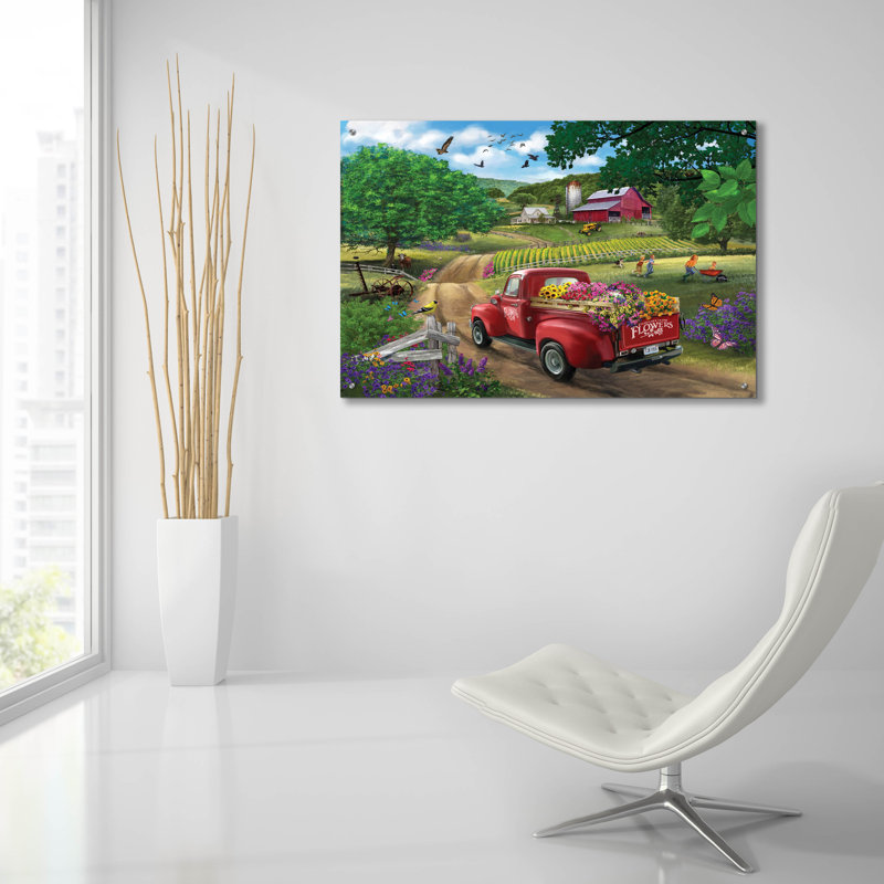 «Country Road (Flower Truck)» par Bigelow, illustrations sur verre acrylique, H 24 po x l 36 po x P 0,2 po