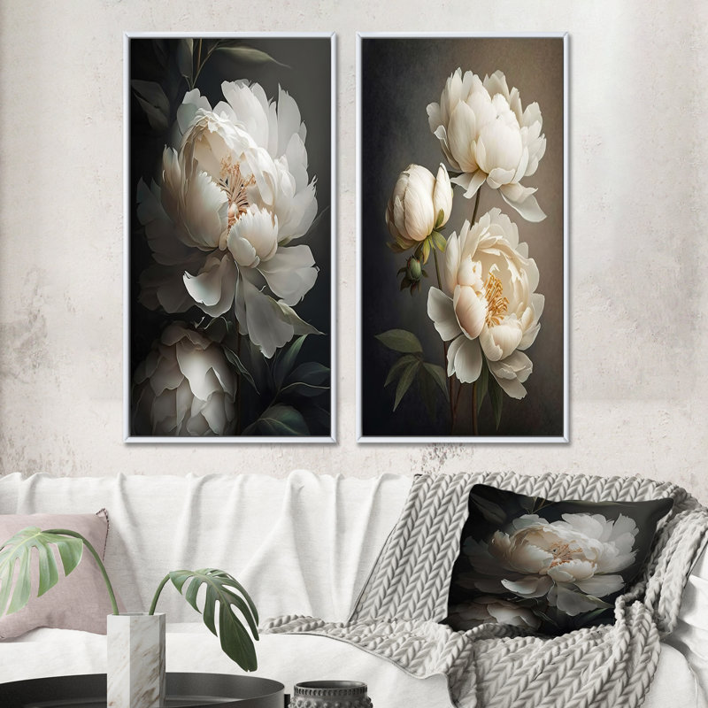 «Peony Flower III», 2 pièces sur toile, Cadre blanc, H 32 po x l 32 po