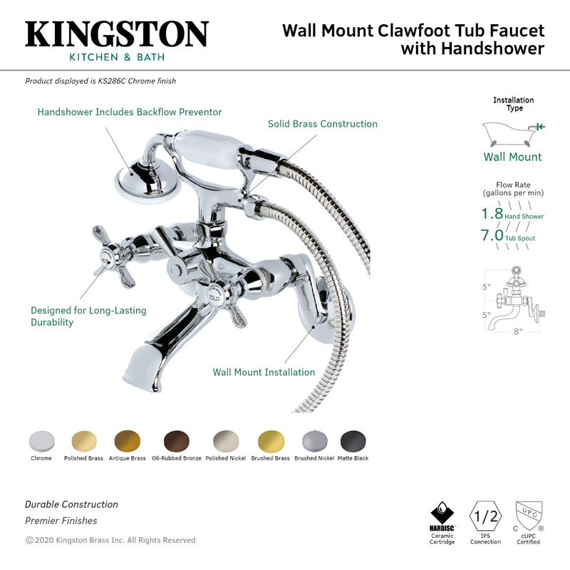 Kingston Brass Essex Three-Handle 2-Hole Wall Mount Clawfoot Tub Faucet with Hand Shower, Polished Nickel