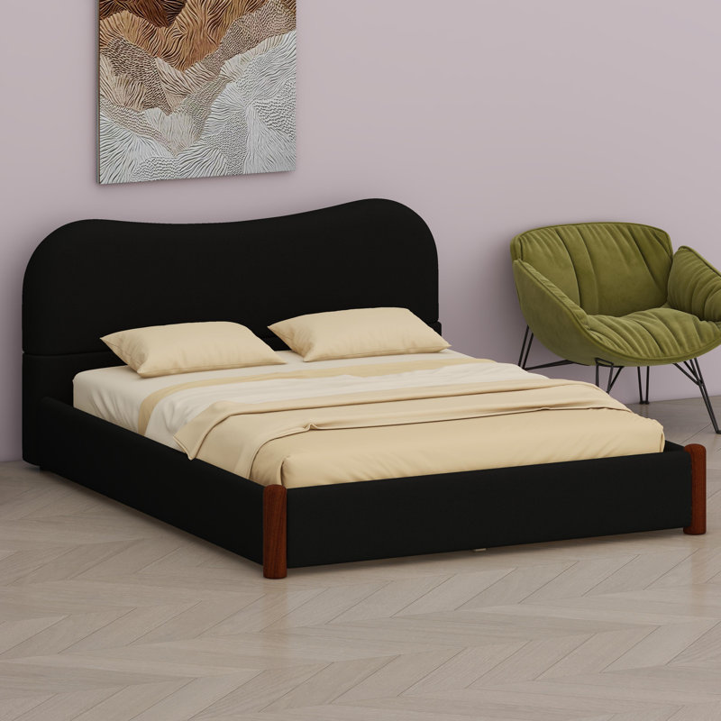 Lit plateforme contemporain tapissier avec pieds de support en bois, Noir