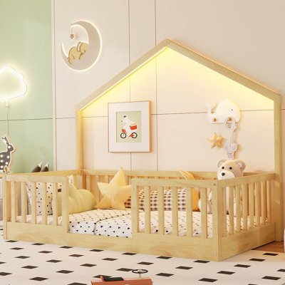 Twin Floor Bed With High Rails, En Montessori Bed With Light For Kids, Boys And Girls