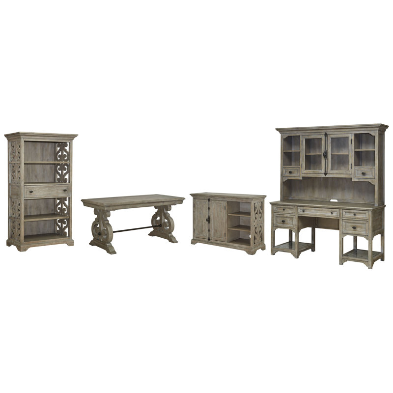 Writing Desk With Printer Stand Bookcase Credenza And Hutch, 4 Pcs: Desk, Storage Cabinets, Bookcase, Credenza