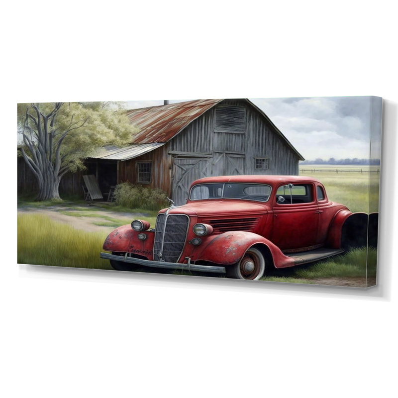 «Red Car» par Barn - reproduction sur toile, Toile tendue, 24" H x 32" W