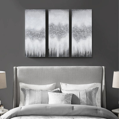 Luminous Wall Artwork , 3 Heavy Embellishment, Grey And Black Abstract, Glitter Natural Rocks, Indoor, 15"W X 35"H 1.5"D Each Contemporary Abstract Canvas Artwork, Heavily Embellished With Stones,