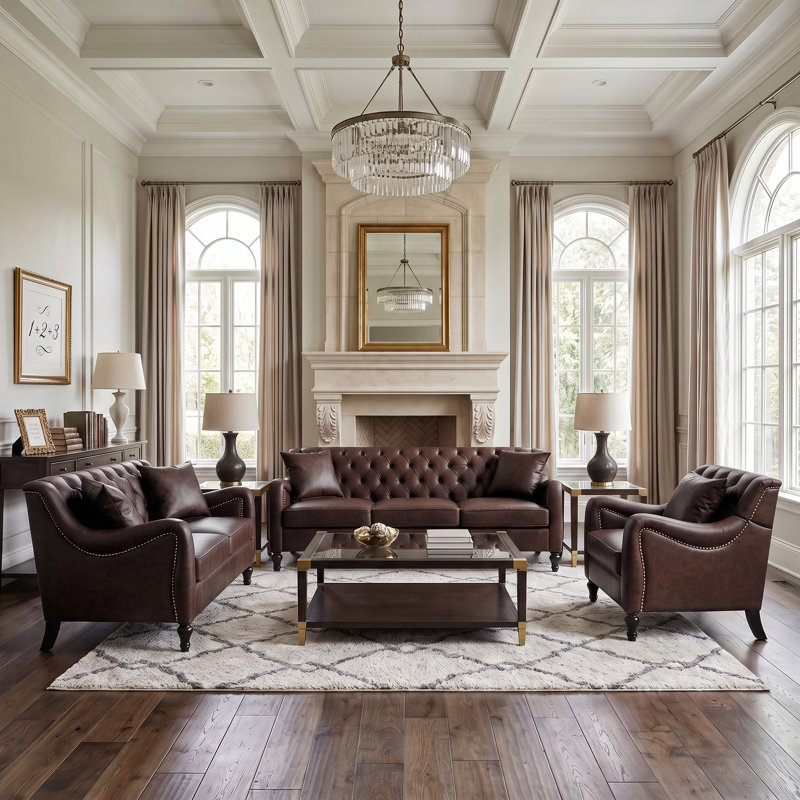 Ensemble de canapé classique en cuir Chesterfield, canapé en cuir de polyuréthane avec capitonnage à boutons en losange, garniture cloutée et pieds en bouleau massif, ensemble de mobilier de salon complet avec coussins décoratifs