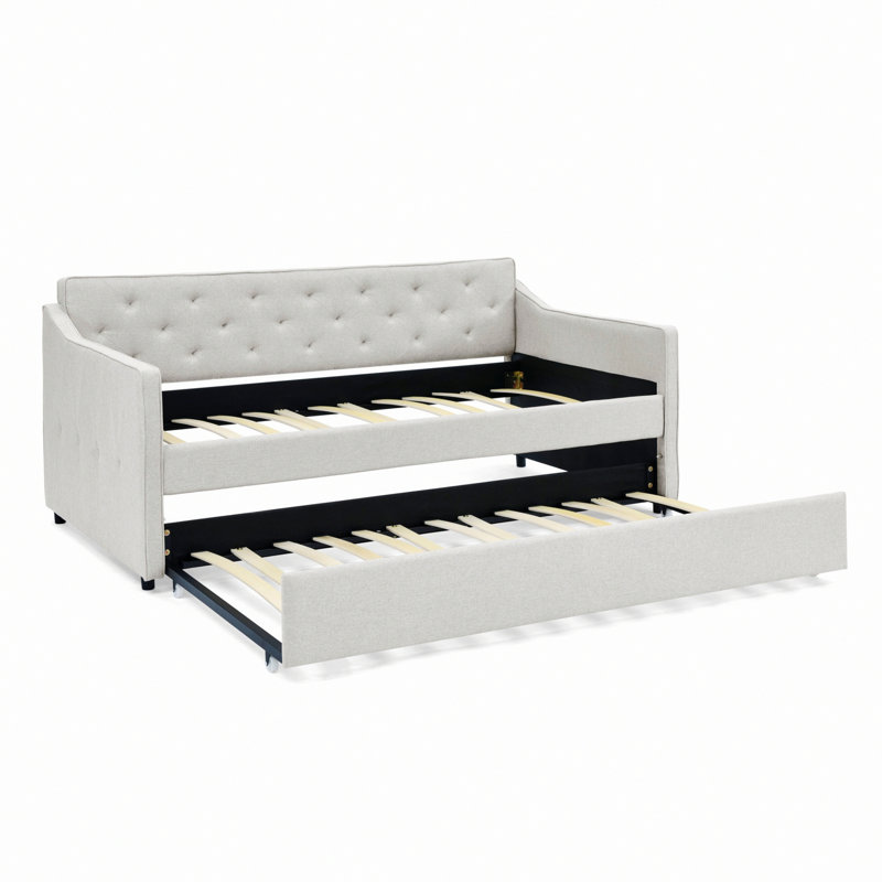 Wooden Frame Bed, Upholstered Daybed With Trundle, Beige