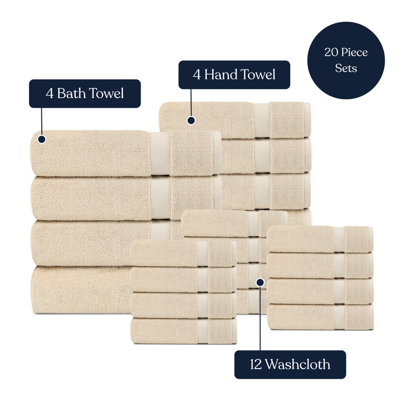 Delara Organic Cotton Plush Towel Set of 20, GOTS & OEKO-TEX Certified, 650 GSM, Soft, Quick-Dry, Absorbent, Hotel Quality