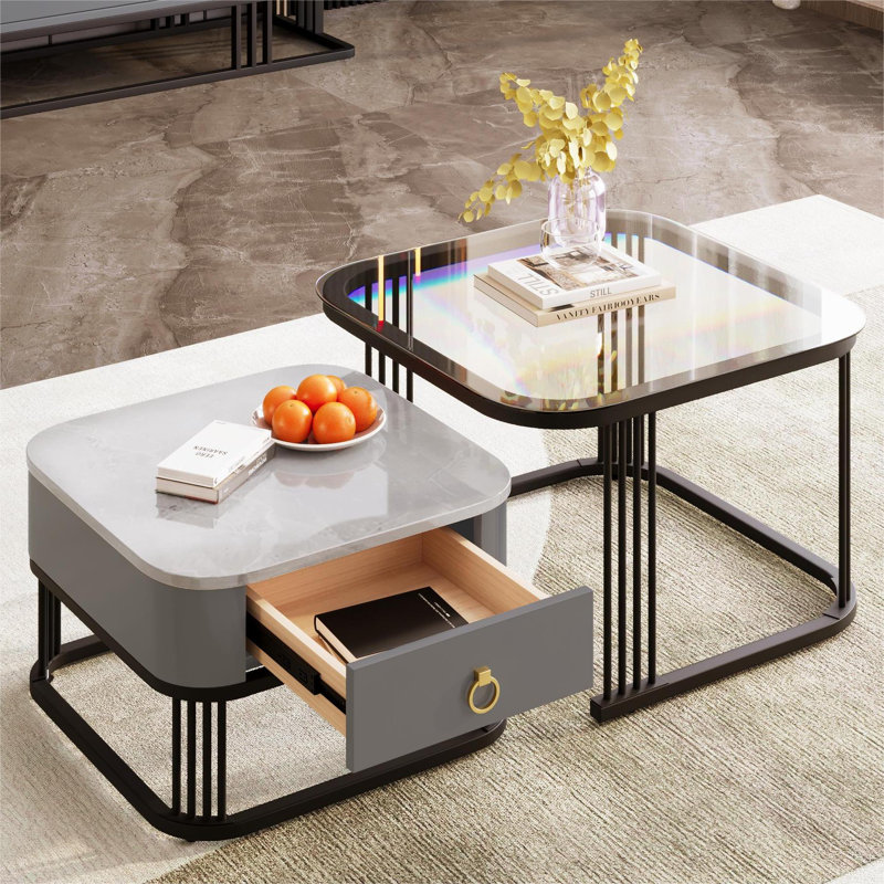 Coffee Table With High-Gloss Marble Exterior And Glass Tabletop, Black Table Legs, Side Table With Drawer (Set Of 2)