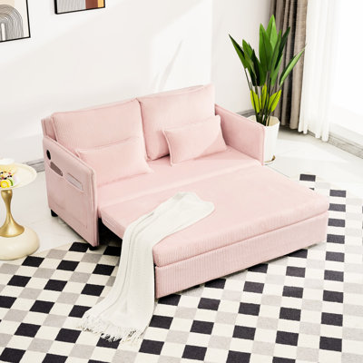 55" Convertible Bed With Side Pocket And Ports, Modern Pink Corduroy 3 - In 1 Pull Out For Living Room, Small Space, Apartment, Bedroom, Featuring Lantern Velvet Comfort, Wood Metal Durability, Smart