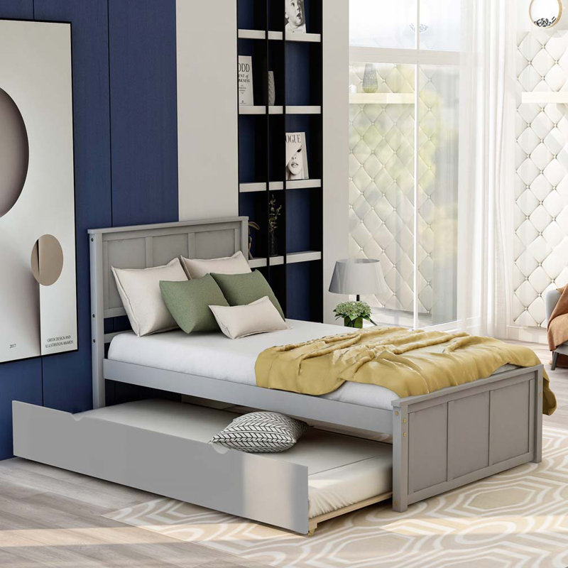 Lit en bois avec lit gigogne simple, gris