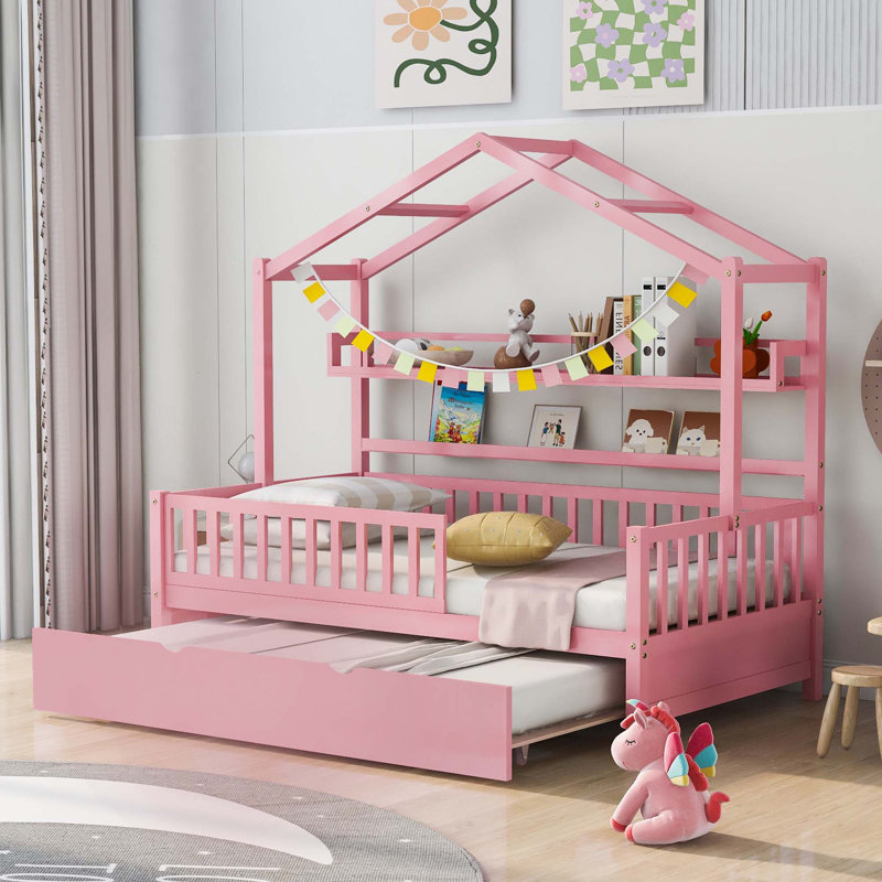 Lit en bois avec couchette et tablette Cincinnatus, Double, Rose