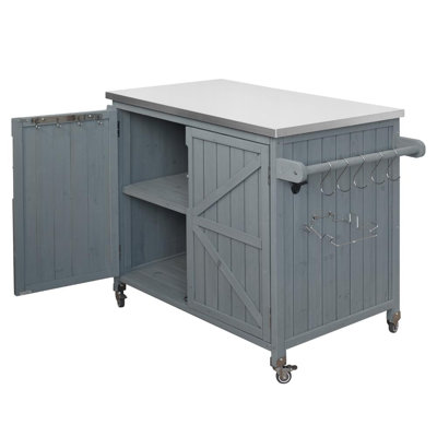 Outdoor Kitchen Island with Side Shelf, Outdoor Grill Cart with Storage Cabinet