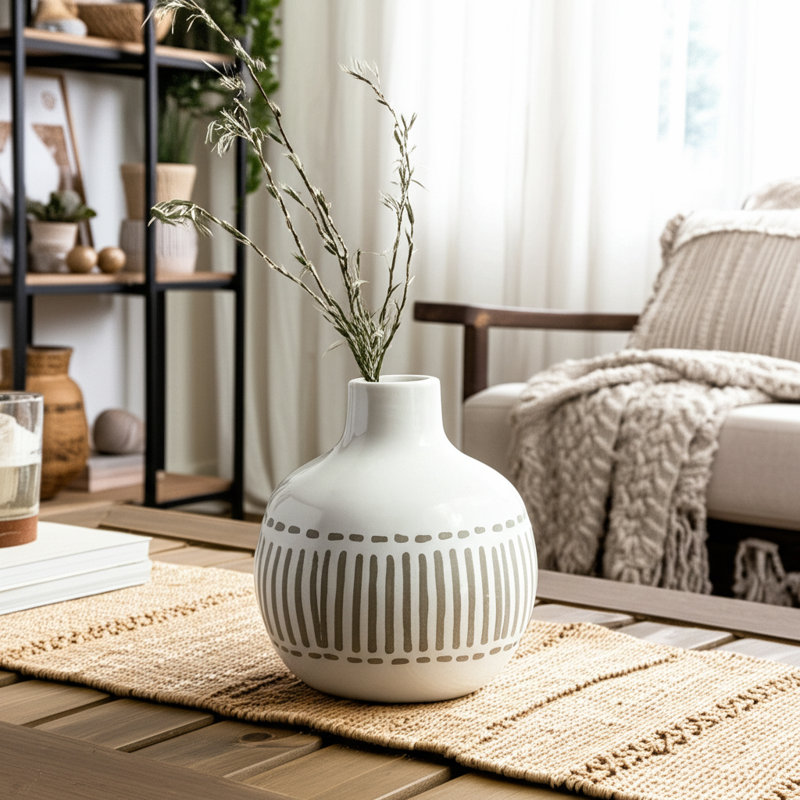 Aalyssa Vase Stoneware Ceramic Handcrafted Boho Style with Etched Linear Detailing and Rounded Silhouette for Modern Global Inspired Decor Accent Display Contemporary Shelf Mantel Styling