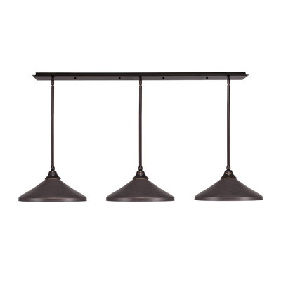 3 Light Stem Hung Linear Pendalier Shown In Dark Granite Finish With 14" Dark Granite Cone Metal Shades