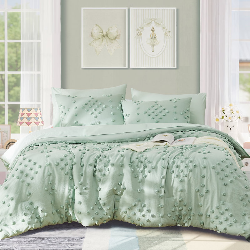 Ensemble d'édredon pour lit simple 5 pièces Geniospin Sage Green, Points verts sauge 2