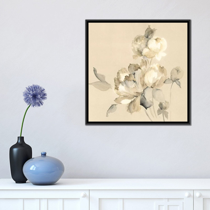 « pivoine fleurs », impression sur toile, H 18 po x l 18 po x P 1,5 po, Toile avec cadre noir, Pas de tapis