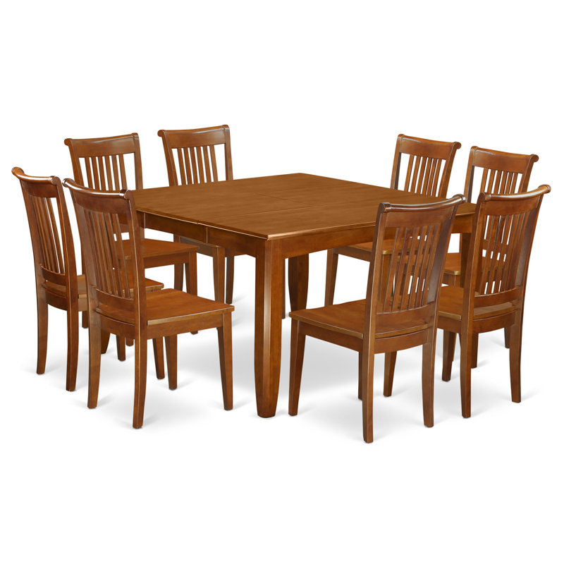 Ensemble de table de salle à manger 9 pièces comprenant une table de cuisine carrée avec rallonge papillon et 8 chaises, brun selle