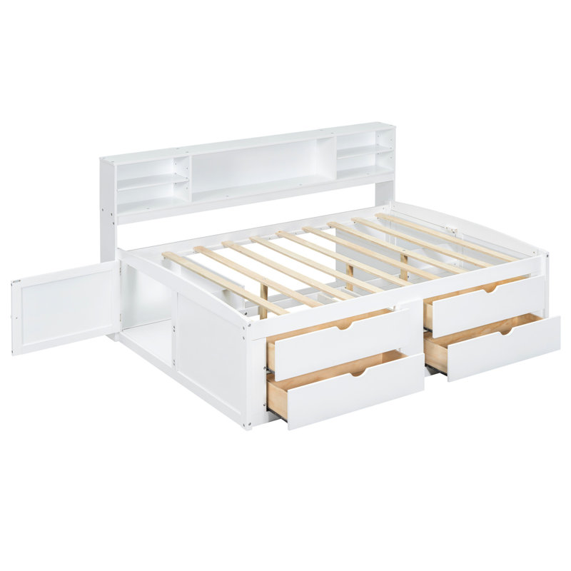 Lit de jour avec 2 tablettes latérales, 4 tiroirs et tablettes supérieures - solide, élégante et peu encombrante, Blanc